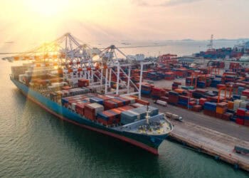 An aerial view of a container ship docked at Port Houston.