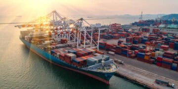 An aerial view of a container ship docked at Port Houston.