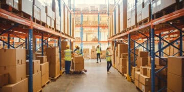 UPS warehouse workers on strike, organized by Teamsters, sorting boxes.