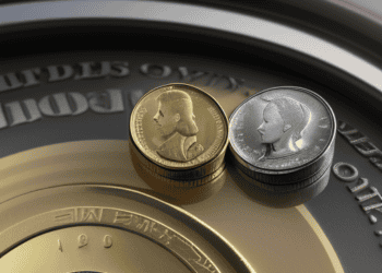 A gold coin and a silver coin on a silver plate, reflecting the downward pressure in US Retail Sales Data.
