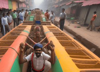 An Indian man standing on the back of a train witnessing the economic growth of his country in the context of the global economy.