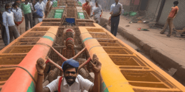 An Indian man standing on the back of a train witnessing the economic growth of his country in the context of the global economy.
