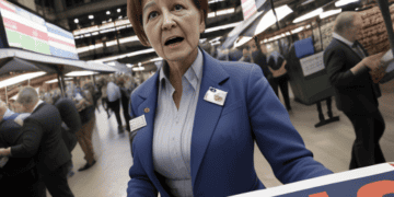 A woman holding a sign expressing her concerns about the market and the need for First Republic Rescue.
