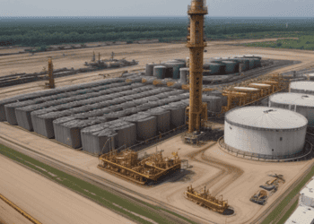 An aerial view of an onshore oil refinery for sale.