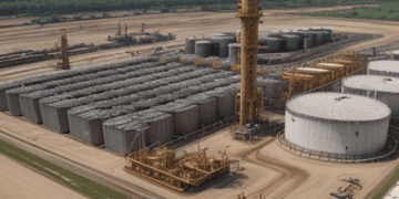 An aerial view of an onshore oil refinery for sale.