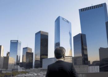 A man in a suit standing on a balcony overlooking skyscrapers, analyzing market expectations for ECB rate cuts.