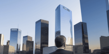 A man in a suit standing on a balcony overlooking skyscrapers, analyzing market expectations for ECB rate cuts.