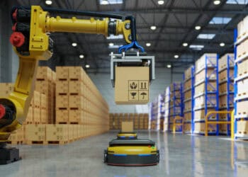 A robot is moving boxes in an automated micro-fulfillment center in Pittsburgh.