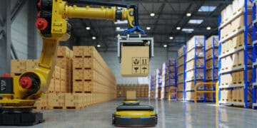 A robot is moving boxes in an automated micro-fulfillment center in Pittsburgh.