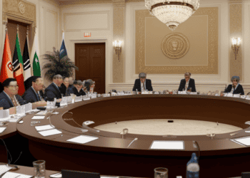 The Ministerial Monitoring Committee Meeting of the OPEC+ group sitting at a round table to discuss plans.