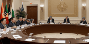 The Ministerial Monitoring Committee Meeting of the OPEC+ group sitting at a round table to discuss plans.