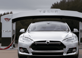 A Tesla Model S, manufactured by Elon Musk's Tesla, parked in front of a garage.