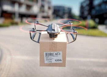 A drone delivering a package in the Dallas-Fort Worth Area.