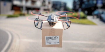 A drone delivering a package in the Dallas-Fort Worth Area.