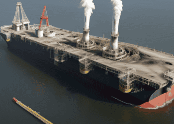 A large oil tanker owned by Shell floating in the ocean.