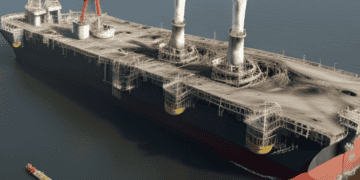 A large oil tanker owned by Shell floating in the ocean.