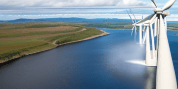 Statkraft's investment in wind turbines harnesses hydro power on a body of water.
