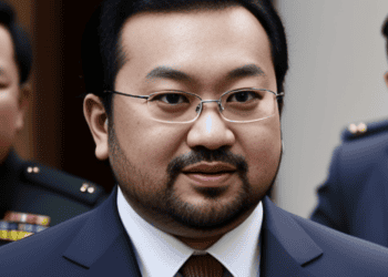 A man in a suit and tie, identified as the fugitive Jho Low from Malaysia, is standing next to other men having talks.