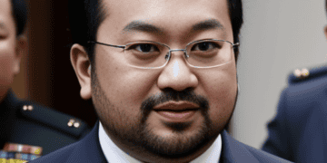 A man in a suit and tie, identified as the fugitive Jho Low from Malaysia, is standing next to other men having talks.