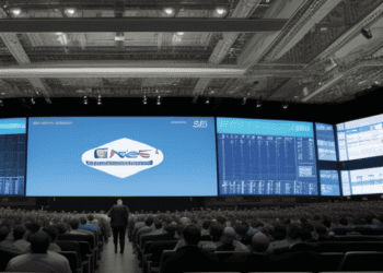 A large room full of people watching a large screen displaying information regarding shareholder interests.