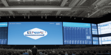 A large room full of people watching a large screen displaying information regarding shareholder interests.