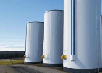 A group of white tanks in a field, representing utility ownership of energy storage in Maine.