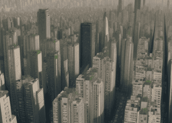 An aerial view of a city with tall buildings showcasing urban humanitarian efforts.