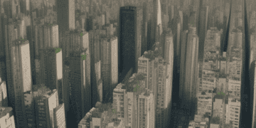 An aerial view of a city with tall buildings showcasing urban humanitarian efforts.