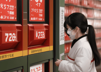 A Japanese woman wearing a face mask looking at a price tag affected by inflation.