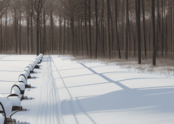 A line of snowmobiles cruising across a snowy path during the Winter Freeze.
