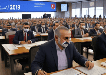 A group of people sitting at desks with masks on their faces, possibly discussing public worker salaries during elections in Turkey.