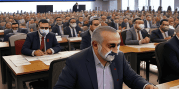 A group of people sitting at desks with masks on their faces, possibly discussing public worker salaries during elections in Turkey.