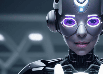 A woman in a robotic suit from Australia, equipped with artificial intelligence, and glowing eyes, advisory body.