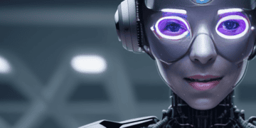A woman in a robotic suit from Australia, equipped with artificial intelligence, and glowing eyes, advisory body.