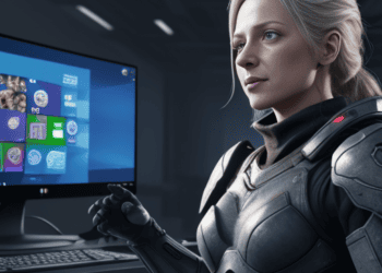 A woman in armor is standing in front of a computer screen, seemingly engaged in an Activision game.