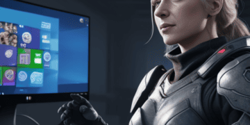 A woman in armor is standing in front of a computer screen, seemingly engaged in an Activision game.