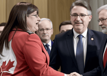 A group of striking federal workers shaking hands in front of a Canadian flag after reaching an agreement.