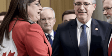 A group of striking federal workers shaking hands in front of a Canadian flag after reaching an agreement.