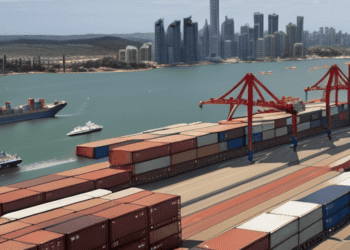 A large container ship docked at a port in Australia.
