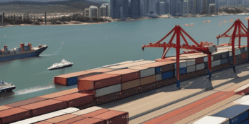 A large container ship docked at a port in Australia.