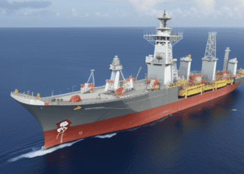 A rendering of a large ship in the ocean conducting energy exploration.