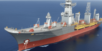 A rendering of a large ship in the ocean conducting energy exploration.