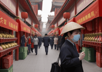 A woman wearing a face mask walks through a Chinese market amidst the growth of China's economy in Q1 2023.