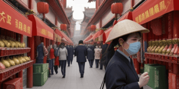 A woman wearing a face mask walks through a Chinese market amidst the growth of China's economy in Q1 2023.