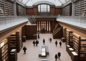The interior of the British Library, filled with books and offering digital services.
