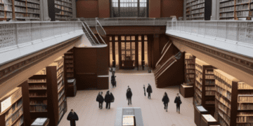 The interior of the British Library, filled with books and offering digital services.