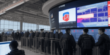 A group of people standing in front of monitors at a Microsoft event.