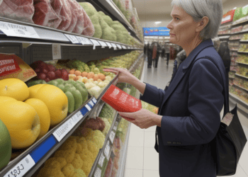An Australian woman is shopping in a grocery store.