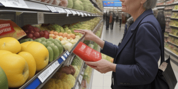 An Australian woman is shopping in a grocery store.