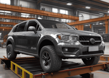 A silver suv, known for its carbon emissions, is sitting on a platform in a factory, attracting attention from Greenpeace and automakers.